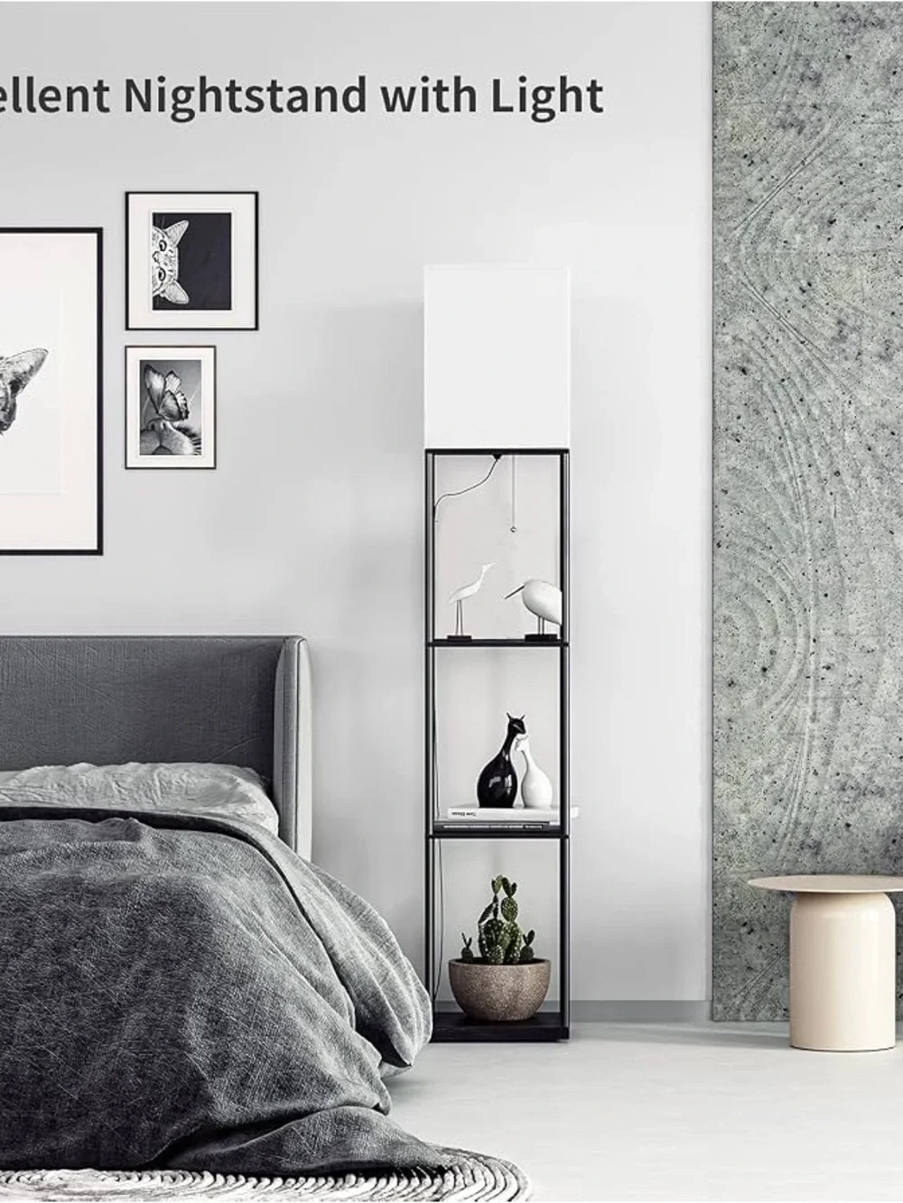 Modern Black Floor Lamp with White Shade and Shelves